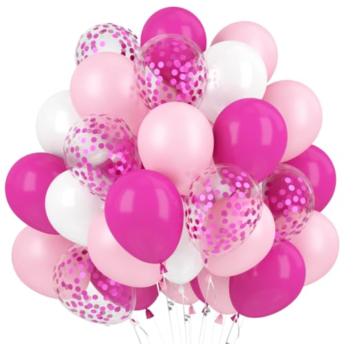 Globos Rosa caliente y Blancos, 60PCS Rosa Globos con Confeti para Bebe 1 Año Cumpleaños, Muchacha Bautizos Comunion Baby Shower Rosa,Bodas Aniversario Graduacion Fiesta Arco Decoracion