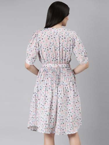 Image of SHOWOFFFF Women Printed Fit and Flare Casual Dress | Sweetheart Neck 3 /4th Sleeves Cotton Dress for Womens | Knee Length Dress for Women's