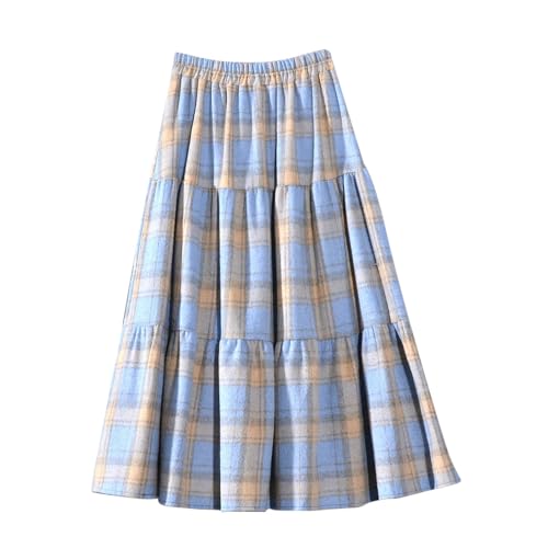 Midi Plaid Wool Skirt for Womens Winter Fall Warm High Elastic Waist A line Flared Skirts 2025 Fashion Clothes
