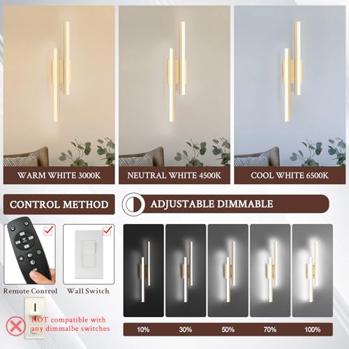 Image of LED Wall Sconce Gold Modern Remote Wall Light Fixtures for Living Room, Dimmable LED Vanity Light Indoor Remote Wall Sconce for Bedside Bedroom Bathroom Dining Room, L23.6inch 1 Pack