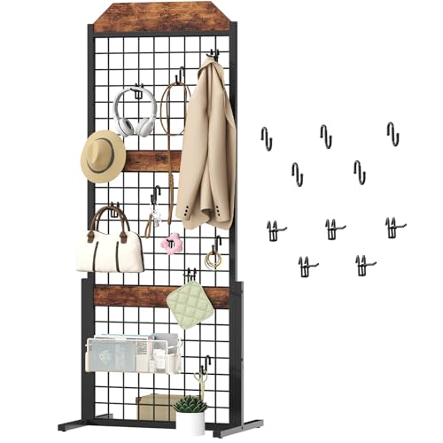 Image of HOOBRO Grid wall Panel units 5.6' x 1.7' Ft Grid Display Rack, Gridwall Panel Display Stands with 5 Garment Hooks & 5 S-Hooks, Wire Grid Display Rack, for Retail Show, Rustic Brown and Black BF45DC01