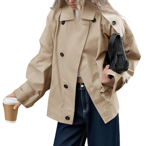 Tankaneo Womens Trench Coat Single Breasted Lapel Casual Oversized Coats Short Jacket Fall Outerwear
