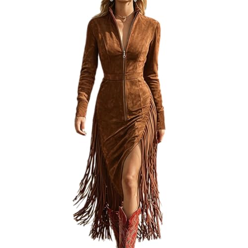 Vestido largo de ante sintético de alta costura con cuello alto