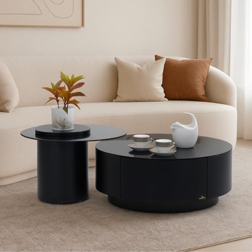 Image of Royaloak Turin Italian Glass Coffee Table Set of 2 | Coffee Table for Living Room with Tempered Glass & Glossy Finish | Nesting Design with Drawer Storage | Modern Centre Design