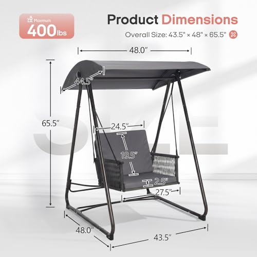 Image of Patio Swing with Adjustable Canopy, Single Seat Grey | Patio Swing with stand Heavy-Duty Triangular Frame Backyard / Porch / Lawn Grey Garden Swing