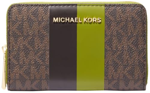 Image of Michael Kors Jet Set Small Zip Around Card Case, Gold-Tone Hardware /Signature with Center Stripe /Meadow Green