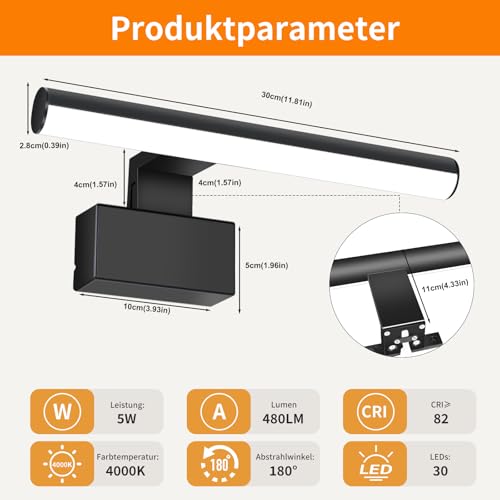 NBEASTKEY LED Spiegelleuchte Bad 30cm,5W 4000K Neutralweiß Aluminiumlegierung Spiegellampe Badezimmer Lampe 230V Schrankleuchte Schminklicht,IP44 Wasserdicht Einfache Montage für Badschrank