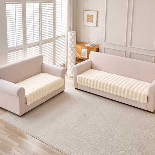 Image of HOKIPO 'FurHug' 3 Seater and 2 Seater Luxury Faux Rabbit Fur Sofa Cover Mat, Beige (AR-5013-5)