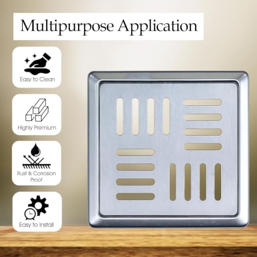 Image of Square Aqua Flow Series 5 Inch Stainless Steel Floor Drain Cover Heavy Duty Rust Resistant Drain Grate for Bathroom Kitchen Balcony Shower - 5 Inches