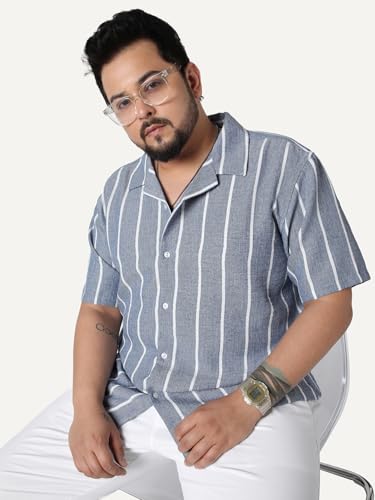 Image of Urbano Plus Men's Cotton Half Sleeve Relaxed Fit Linen Striped Shirt with Cuban Collar