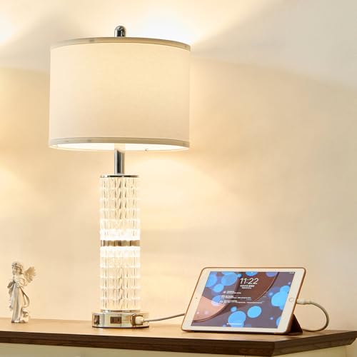 SAIWEYA Crystal Table Lamps Modern 3-Way Dimmable Bedside Lamp with 2 USB Ports & AC Outlets for Living Room Bedroom Nightstand Lamp Night Light