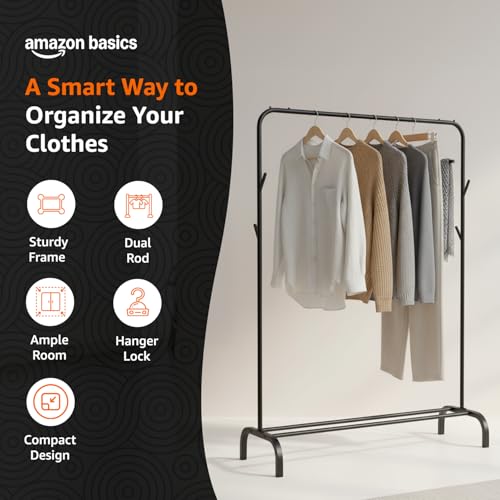 Image of Amazon Basics Metal Clothes Rack Stand with Bottom Storage Shoe Shelf & Side Hooks Hanger for Bedroom & Hallway, Portable Wardrobe Organizer 112L x 40B x 148H cm (SINGLE ROD, BLACK)