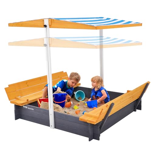 VEVOR Wooden Sandbox with Canopy, Sandpit with Foldable Bench Seats and Bottom Liner, Height Adjustable Roof, Gift for Ages 3-12 Years Old Backyard Garden Easy Assembly (57.3 x 47.2 x 47.2in)