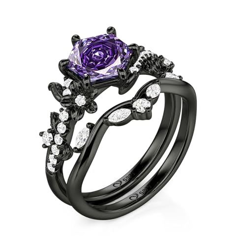 Image of Jeulia 2PCS Wedding Ring Set for Women 1.5 ct Black Thorn Purple Rose Cut 925 Sterling Silver Gothic Bat Design Engagement Ring Vintage Jewelry with Gift Box
