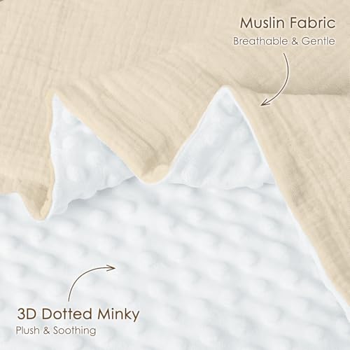 Image of Baby Blankets for Boys Girls, Soft Nursery Minky Blankets with Muslin and Dotted Fleece Back 30x40 inches, Receiving Bed Quilt for Newborn, Infants, Toddlers (Beige)