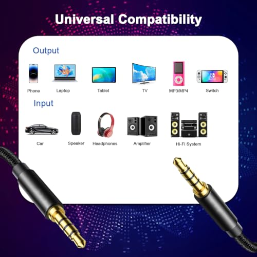 Image of Verilux 4-Pole 3.5mm Male to 3.5mm Male Aux Cable 9.8FT, Aux Cable for Speakers with Hi-Fi Sound Nylon Braided, Stereo Audio Cable Gold-Plated Aux for Car, Home, Studio, iPhone, Android