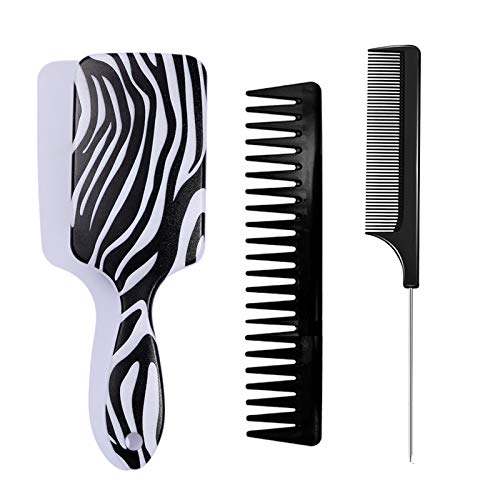 DKAF 3Pcs Hair Brushes for Women, Zebra Print Hair Brush with Wide Tooth Comb and Sharp Steel Tail Comb for Wet or Dry Hair, Detangling Paddle Brush Set for Straight Long Thick Curly Natural Hair