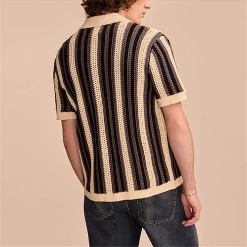 Men’S Slim Fit Hollow Out Striped Knitted Polo Cardigan Short Sleeve Button-Down Retro Streetwear Top4