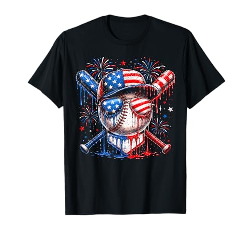 Baseball Drip American Flag for Men Boys Kids 4th of July T-Shirt