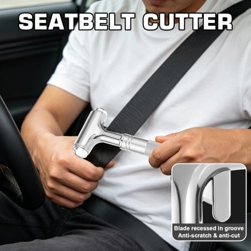Image of Window Breaker, Car Emergency Escape Hammer with Seat Belt Cutter, Car Safety Hammer, Car Glass Breaker for Vehicle, Office, Home (Silver)
