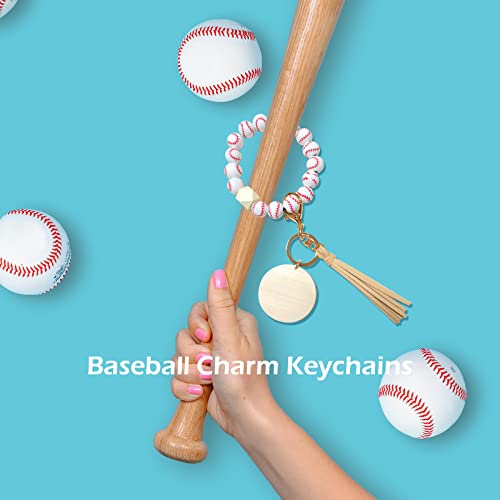 Kchies Softball Baseball Charm Keychains Wooden Key Ring Bracelet Wristlet White Women Girls Coach Sports Athletes Team Rewards School Souvenir Party Favors Homecoming Kids Boys Men Birthday Gift #TOP4
