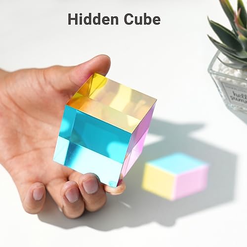 Image of iKeelo Color Cube (2.4inch) with Stand - Cyan, Magenta & Yellow Subtractive Color Mixing - Mesmerizing Acrylic Prism for Desk Decor, A Fun Conversation Starter