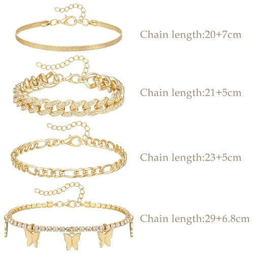 Tobilleras impermeables que no se oxidan, pack de 4 cadenas doradas de oro de 18k 2