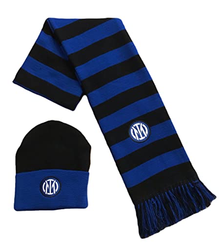 Prodotto ufficiale licenziato CALCIOGADGETS Set INTER Sciarpa + Cuffia Ufficiale Logo Nuovo 2021 Kit F.C. Internazionale Ricamato Invernale Tubolare Berretto Cappello in acrilico SETINTSTCNA