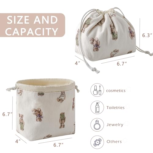 Aesthetic Corduroy Drawstring Makeup Bag, Cute Coquette Drawstring Cosmetic Bag with Canvas Lining, Bear Pattern Travel Makeup Organizer Case for Women Girls (05 Great Bear)3