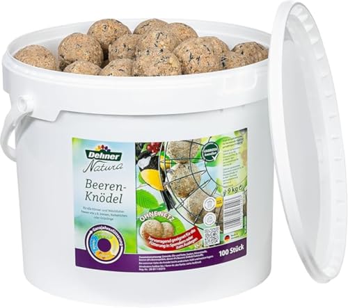 Dehner Natura Premium Meisenknödel ohne Netz, Beerenknödel, ganzjähriges Wildvogelfutter proteinreich / energiereich, im Eimer, 100 Stück je 90 g (9 kg)