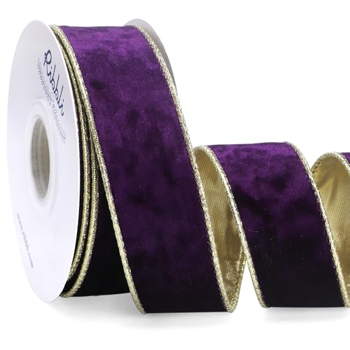 Ribbli Purple Velvet Wired Ribbon 1.5 Inch Metallic Purple Gold Crushed Velvet Christmas Ribbon for Gift Wrapping Christmas Tree Decoration Crafts Wreaths Supplies-Continuous 10 Yards