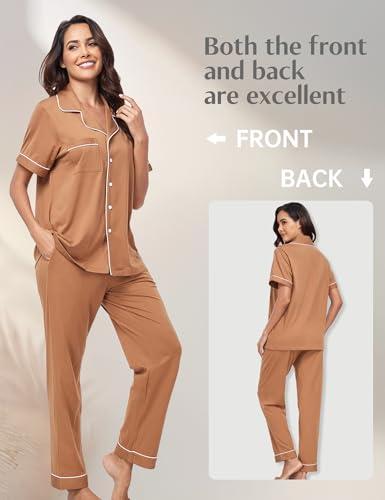 Image of COLORFULLEAF Women's 100% Cotton Pajamas Set Button Down Sleepwear Short Sleeve Shirt and Long Pants Soft Ladies Lounge Sets