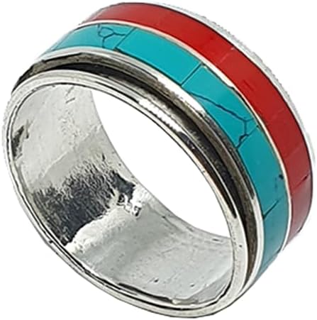 Coral Turquoise Gemstone Spinner Ring for Women Men 925 Sterling Silver Modern Designer Fashion Handmade Band Rings Party Jewelry Couple Band Gifts for Him Gifts for Her