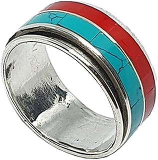 Coral and Turquoise Gemstone Spin Ring for Women and Men 925 Sterling Silver Modern Designed Fashion Handmade Band Rings Party Jewelry Couple Band Gifts for Him and Her