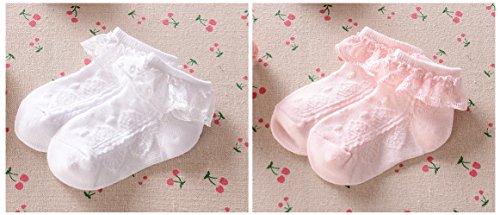 EPEIUS 2 Pairs Baby-Girls Eyelet Frilly Lace Socks Newborn Girls Princess Ankle Socks for 3-6 Months, White/Pink - Thumbnail 3
