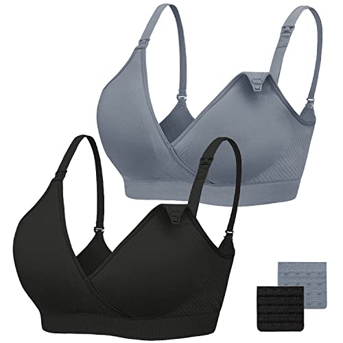 Image of Angelhood Nursing Bra Womens Maternity Breastfeeding Bra Seamless Sleep Bra No Underwire with Bra Extenders Pack of 2