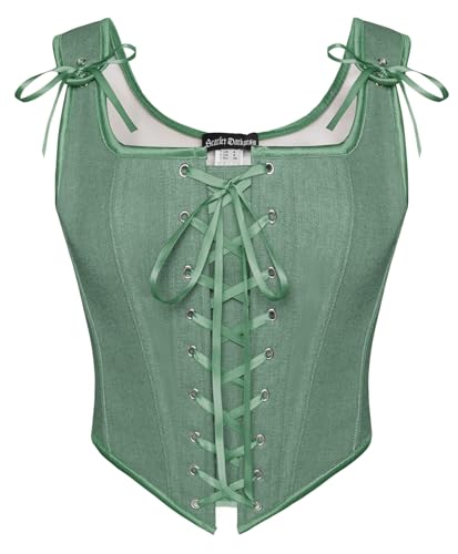 SCARLET DARKNESS – Corset renaissance pour femme avec lacets vintage, haut médiéval, gilet paysan, Vert haricot., 44