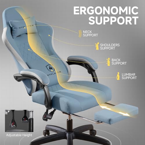 Sedia da gaming, ergonomica, da scrivania, con superficie in tessuto, cuscino a molla, braccioli di collegamento e poggiapiedi, Azzurro - Sedia gaming - Immagine 6