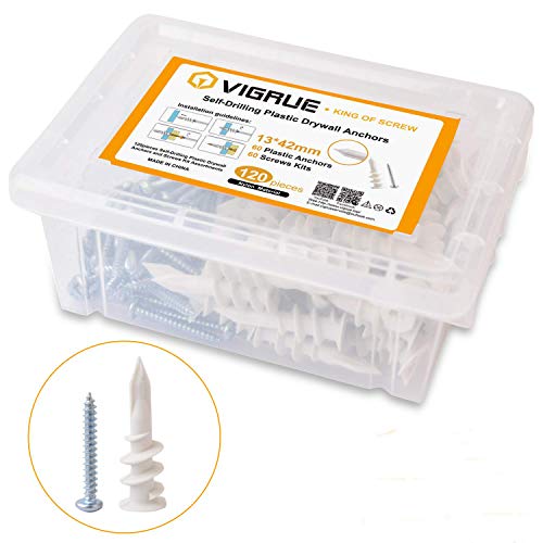 VIGRUE Drywall Anchors Plastic Self Drilling Hollow Wall Anchors with Tapping Screws Assortment Kit 120PCS (13×42mm ＋ 15×33mm)