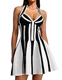 BELLA BARNETT Black and White Striped Halter V Neck Bodycon Birthday Dress Elegant Bandage Sleevless Mini A Line Pleated Corset Party Dress