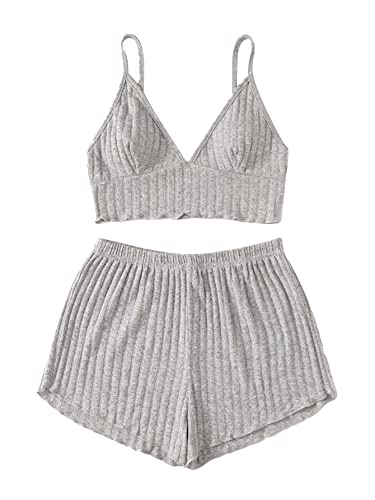 Soly Hux Women's Sleepwear 2 Piece Lounge Set Pajama Set Rib Knit Spaghetti Strap Bralette Top And Shorts Grey S #TOP22
