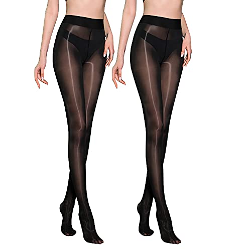 Shiny Oil Pantyhose Footed - 2 Pack Ultra Shiny Sheer Tights High Waist, Shimmery Stocking for Women