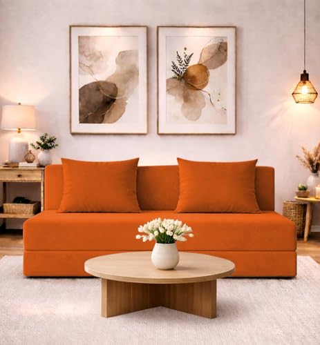 Image of Adorn India Easy 3 Seater Sofa Cum Bed | Velvet Fabric | Orange | Plain Design | 5x6 Ft | Comfortable Seating | Washable Cover | Perfect for Home & Office