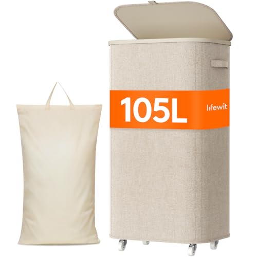 Lifewit Cesto Ropa Sucia con Tapa y Ruedas, Cubo Ropa Sucia Plegable con Bolsa Extraíble, Laundry Basket para Dormitorio, Baño y Lavadero, 105L, Beige