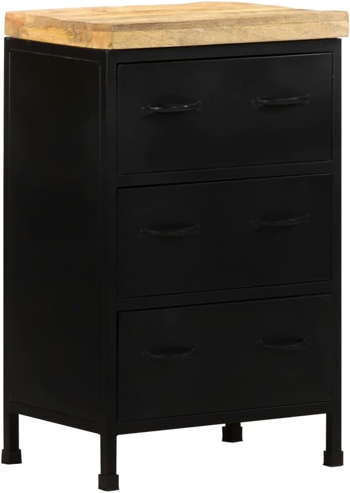 Industrial Sideboard Black Rough Mango Wood Medium Storage Furniture with Three Drawers and Iron Legs for Living Room Bedroom Home Decor