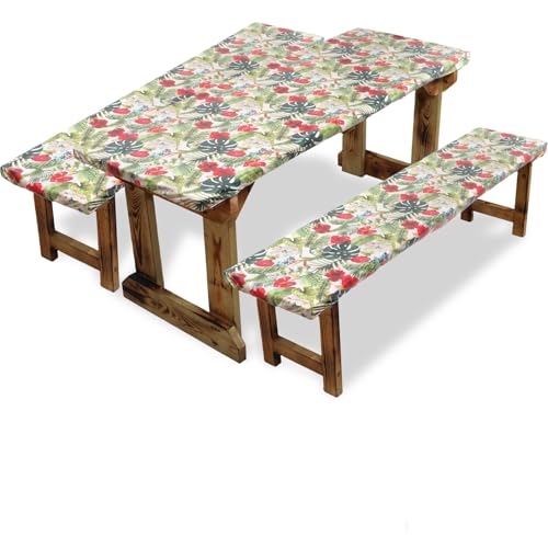 SUQ I OME Picnic Table Cover with Bench Covers Camping Essentials Waterproof Windproof Elastic Fitted Tablecloth with Handbag, Fitted Rectangle Tables and Seats,72*30 inch (Beige Red)