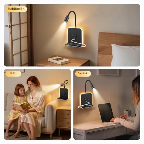 Aplique LED de pared para interior regulable con base y USB 8
