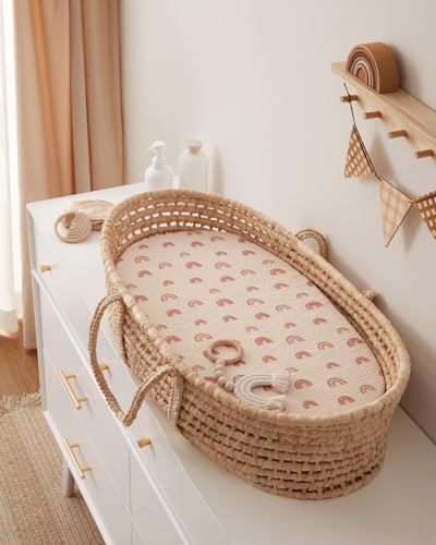 Image of Blissful Diary Muslin Bassinet Sheets, 2 Pack, Dusty Pink & Rainbow | fitted for bassinet mattress, soft and breathable cotton, boho style, easy care for machine wash, gift for boy and girl