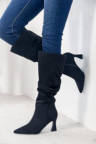 Image of Coutgo Women's Slouchy Knee High Boots Wide Calf Pointed Toe Side Zipper Chunky Heel Long Boots Winter Shoes