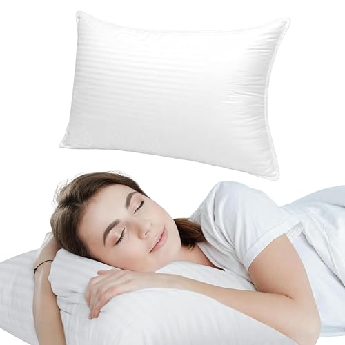 Image of Premium Microfiber Pillow, Soft Satin Stripe Cotton Cover, Down Alternative Fill for Neck Comfort, Hotel Collection Bedding Cushion, 16x24 Inch, White